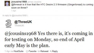 Brittiska Tre:s tweet om Android 2.3 Gingerbread för HTC Desire